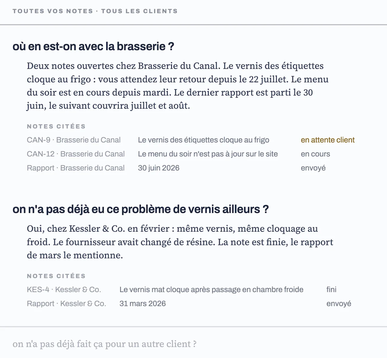 Le panneau de recherche : deux questions posées en langage courant, chaque réponse suivie des notes citées et de leur état.