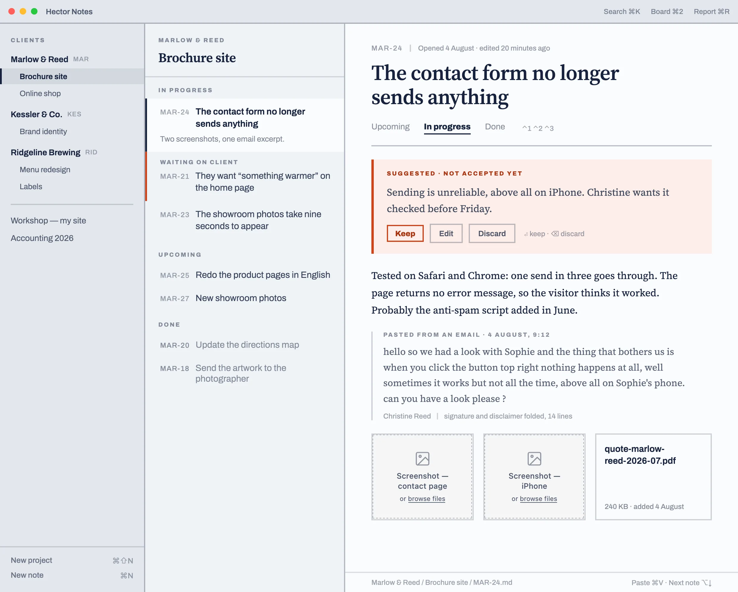Hector Notes: the client list, the notes for Marlow & Reed’s Brochure site project, and note MAR-24 open — “The contact form no longer sends anything” — with the client’s pasted email, two screenshots and a quote.