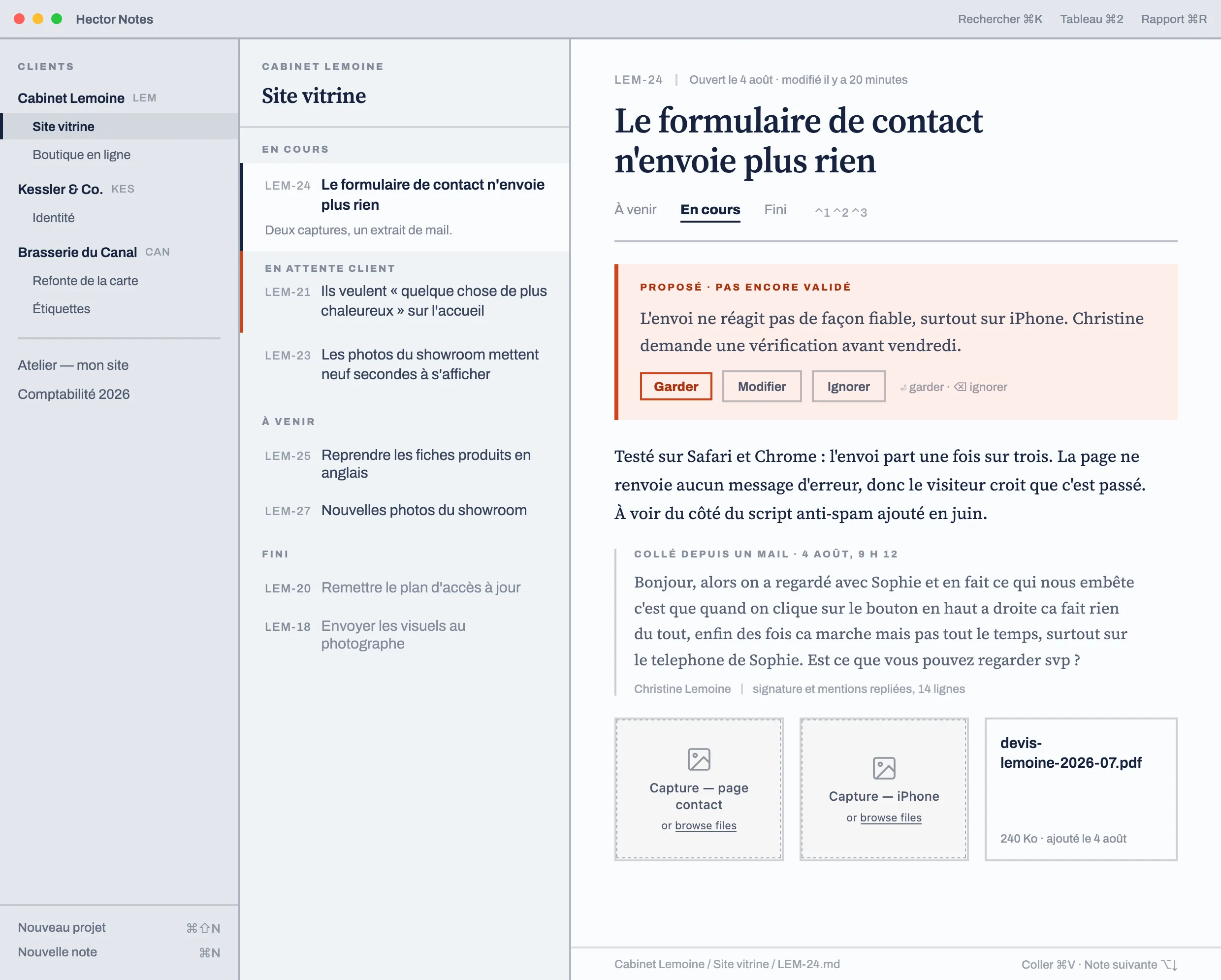 Hector Notes : la liste des clients, les notes du projet Site vitrine et la note LEM-24 ouverte, avec le mail collé du client, deux captures et un devis.