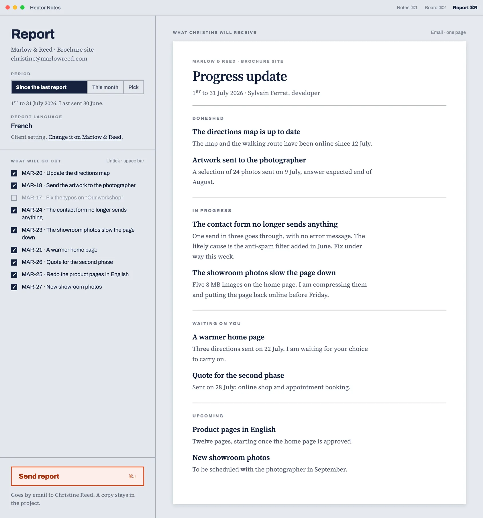 The report composed by the app: on the left the period, the report language and the list of what will go out; on the right a preview of what the client receives, grouped into done, in progress, waiting on you and upcoming.