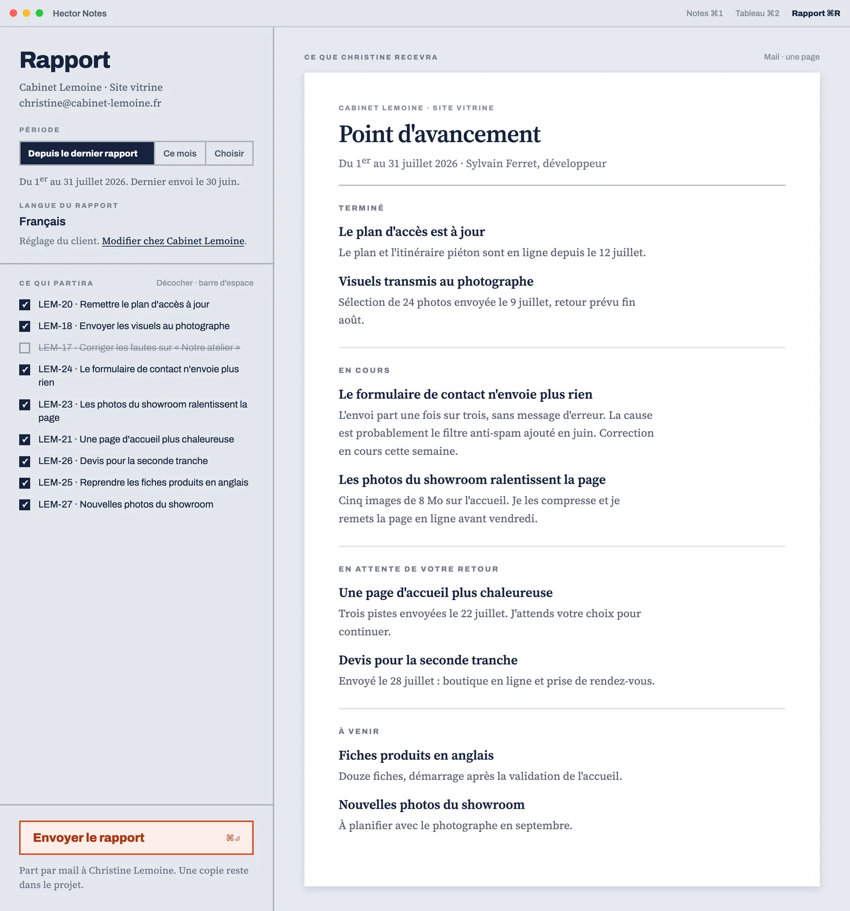 Le rapport composé par l'app : à gauche la période, la langue et la liste de ce qui partira ; à droite l'aperçu de ce que le client recevra, classé par terminé, en cours, en attente et à venir.