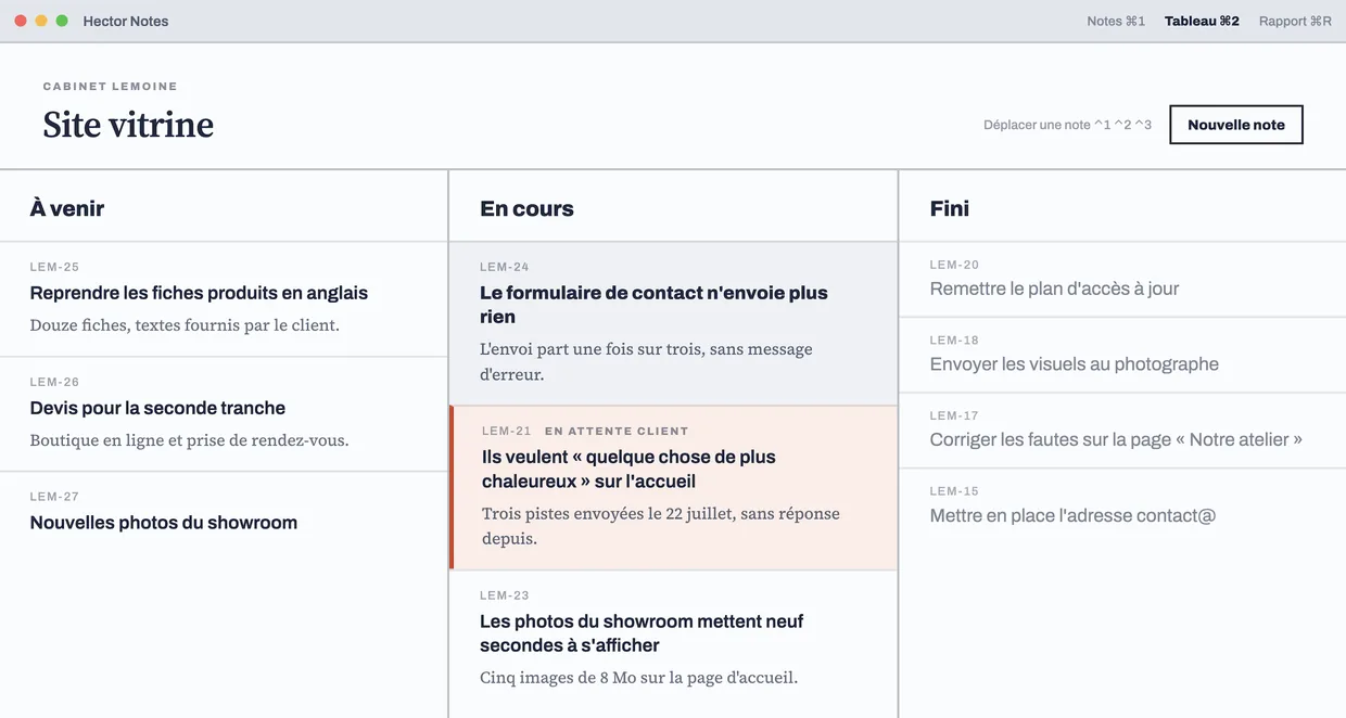 Le tableau du projet Site vitrine : trois colonnes, À venir, En cours et Fini, sans dates ni étiquettes.